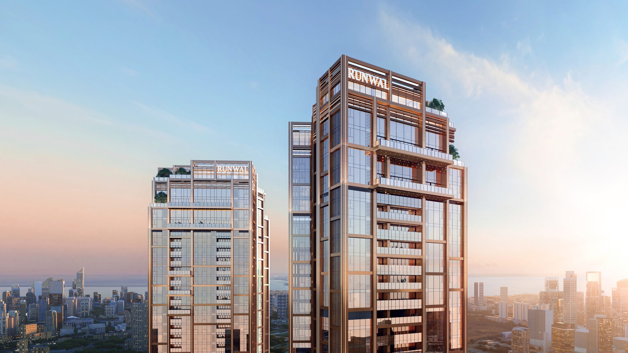 Artist’s impression of Runwal Raaya towers with city and sea